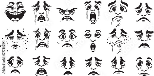 Highly detailed dramatic facial expressions set demonstrating intense human feelings and reactions distress pain surprise crying anger frustration vector illustration