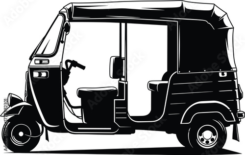 Black and white illustration of an auto rickshaw three wheeler, auto rickshaw, tuk, three wheeler, vehicle, transportation, transport, motor vehicle, public transport, urban transport, asia, india, th