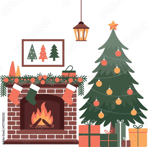 Christmas fireplace with tree and gifts stockings