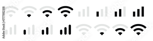 WiFi And Signal Bars Set. Collection of signal strength icons including bar graphs, wifi symbols, and battery indicators, isolated on white background,  Vector Illustration.