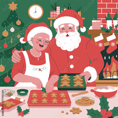 Santa and Mrs Claus baking gingerbread cookies by the fireplace