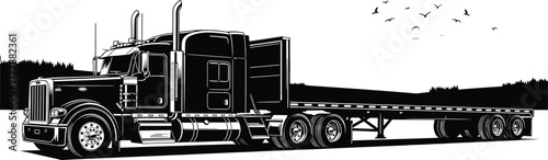 Black and white illustration of a semi-truck and trailer, semi-truck, truck, trailer, freight, cargo, transportation, logistics, delivery, hauling, commercial vehicle, eighteen wheeler, tractor-traile