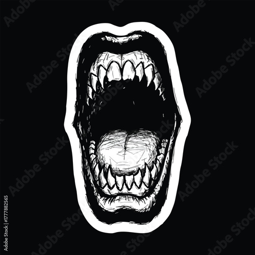 Horror Mouth Drawing With Sharp Teeth Screaming Open With A Dark Background