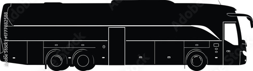 Black silhouette of a modern tour bus in side view, bus, tour bus, coach, vehicle, transportation, travel, passenger, silhouette, black, white, modern, design, side view, wheels, windows, doors, lugga