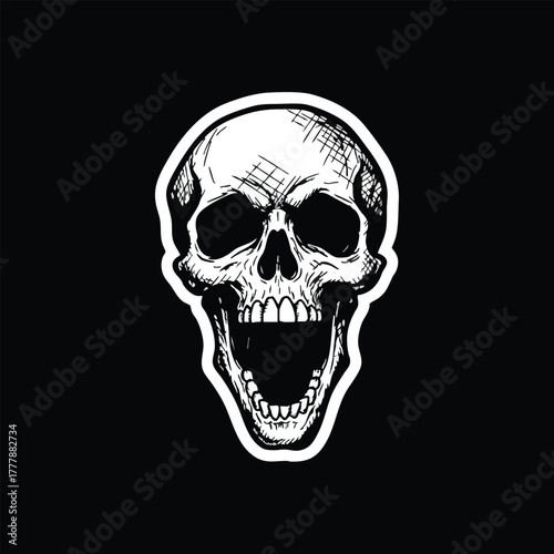 Intricate black and white sketch of a screaming skull with an open mouth and sharp teeth