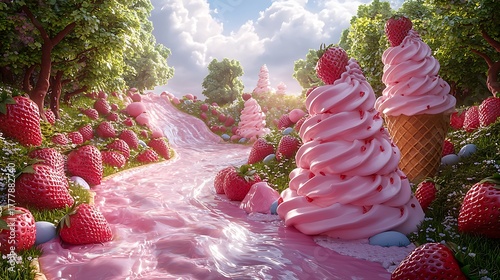 Delicious pink ice cream cones in candy land high resolution picture