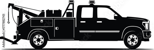 Black silhouette of a tow truck with a crane towing, tow truck, towing, vehicle, recovery, truck, transport, service, mechanical, assistance, breakdown, emergency, heavy duty, crane, hook, chain, whee