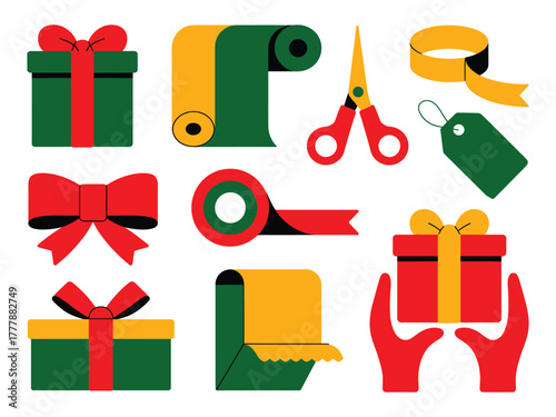 A collection of colorful wrapping paper, ribbons, scissors, gift tags, and hands preparing presents for gifting and celebration.