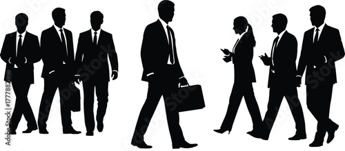 Black silhouettes of business people walking in a group, business, people, group, walking, men, women, suits, ties, briefcases, professional, corporate, teamwork, meeting, office, work, career, succes