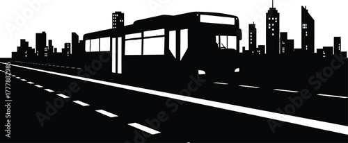 Bus on a city road with skyline silhouette transportation, bus, city, road, transportation, public transport, urban, skyline, buildings, silhouette, traffic, street, highway, commute, travel, vehicle,