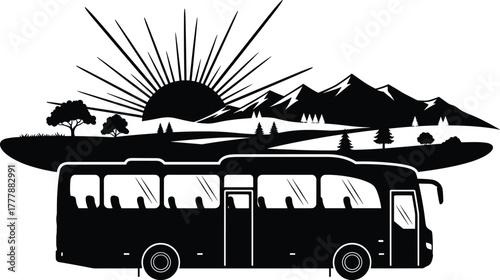 Bus traveling through a mountainous landscape at sunrise, bus, travel, transportation, landscape, mountains, sunrise, sun, rays, trees, hills, nature, scenic, journey, adventure, vacation, tourism, si
