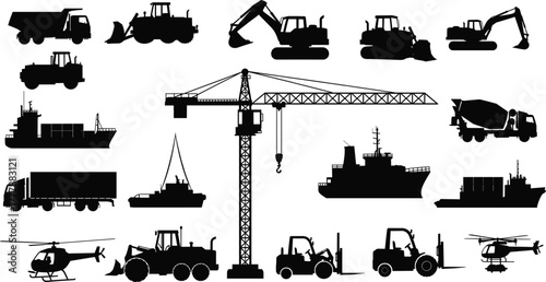 Construction and transport vehicle silhouettes, tower crane, cargo ship, excavator, dump truck, forklift, helicopter, black vector icons, industrial equipment