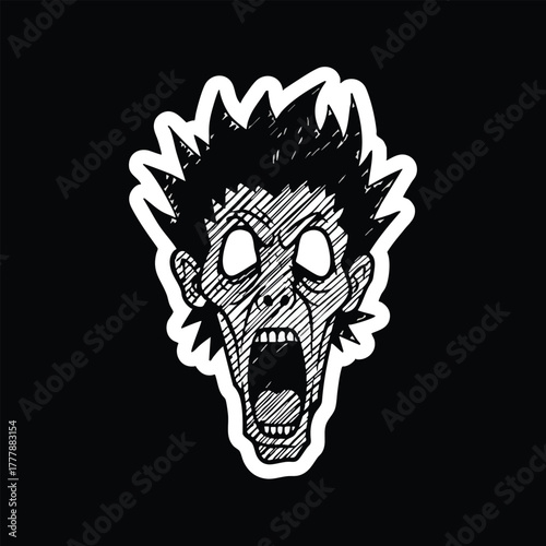 A monochrome cartoon illustration of a screaming zombie face with spiky hair and wide eyes