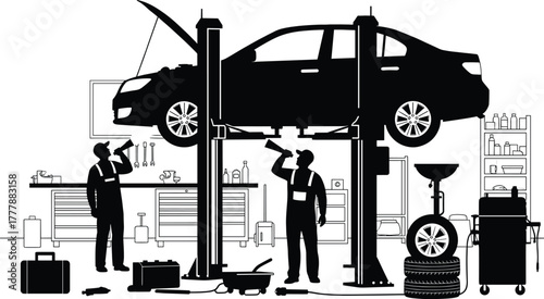 Car repair shop scene with mechanics and car on lift, car repair, auto mechanic, garage, workshop, vehicle maintenance, service, repair shop, car lift, automobile, car, mechanics, tools, equipment, en