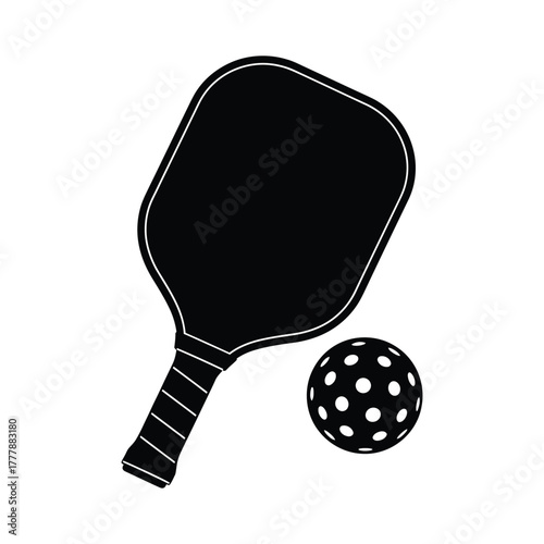 Pickleball paddle and ball silhouette icon for sports and recreation