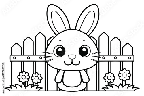 Cute bunny in front of a picket fence and flowers