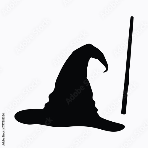 Halloween witch hat and wand silhouette magical costume accessory design