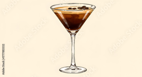 Watercolor espresso martini illustration. Alcohol long drink clipart. Glass of cocktail. Club shake beverage hand drawn illustration. Stock print