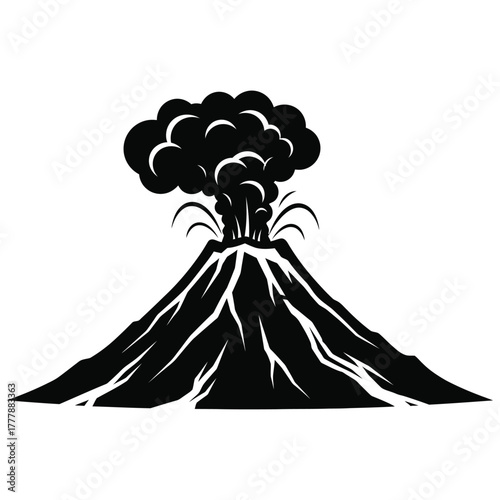 Stylized volcano eruption illustration with smoke and lava flow silhouette
