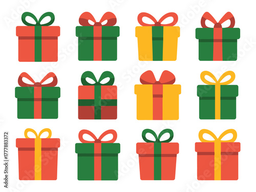 A festive collection of twelve colorful gift boxes, adorned with ribbons, evokes the spirit of celebration and giving.