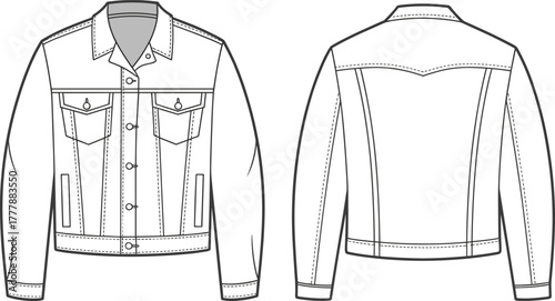 Denim jacket technical sketch, front and back view, button placket, chest pockets, pointed collar, seam detail, fashion design, vector illustration