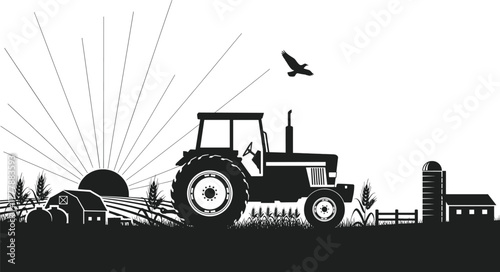 Farm Scene Silhouette with Tractor and Sunrise agriculture, farm, tractor, sunrise, agriculture, rural, landscape, silhouette, black and white, white background, isolated, barn, silo, wheat, corn, fie