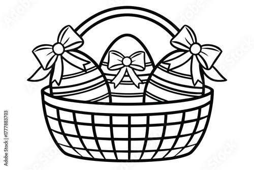 black and white image depicts an Easter basket filled with three ornately decorated eggs.