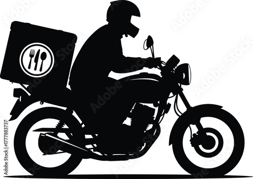 Food delivery person on motorcycle silhouette food delivery, motorcycle, delivery, silhouette, city, motorcycle, graphic, delivery, background., motorbike, food, transportation, speed, with, transport