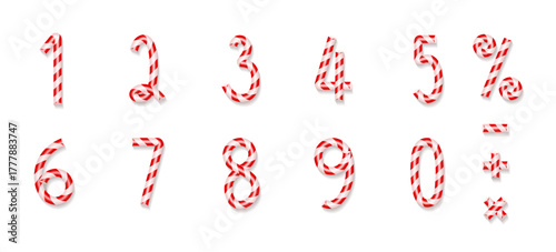 3d Christmas candy cane numbers isolated on transparent background. Figures 1, 2, 3, 4, 5, 6, 7, 8, 9, 0. Red and White Stripes. Classic Mint Hard Candy Cane. New vector Year Design.