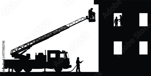 Firefighters with ladder truck and building silhouette firefighters, fire truck, silhouette, ladder, platform, safety, background., building, support, rescue, industrial, emergency, water, firefighter