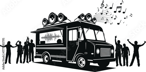 Food truck with speakers and dancing people silhouette food truck, music, speakers, silhouette, graphic, miscellaneous, background., notes, music, joy, fun, food, with, background, people, truck, ente