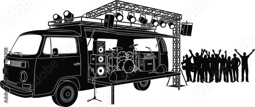Mobile stage van with band and crowd silhouette mobile stage, band, music, concert, silhouette, graphic, crowd, hands, instruments, miscellaneous, mobile, performance, with, drums, lights, people, ent