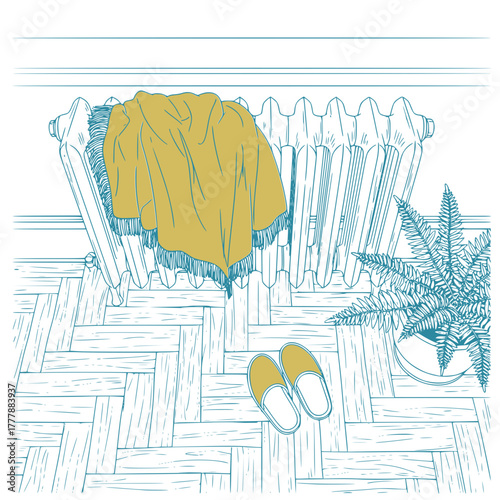 Cozy indoor scene with yellow blanket draped over radiator - blanket over radiator vector 