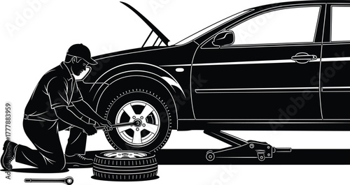 Mechanic changing car tire with jack and tools wheel, mechanic, car, tire, wheel, changing, repair, service, vehicle, automobile, wrench, jack, lifting, maintenance, auto, transport, transportation, w