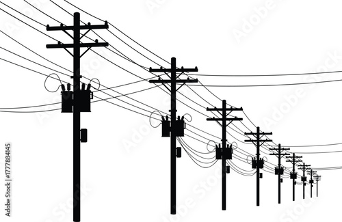 Utility pole infrastructure, electricity distribution, power lines, energy grid, rural landscape, electrical equipment, crossarms, transformers, industrial network, technology, infrastructure,
