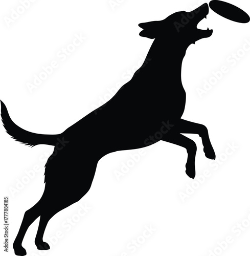 Black silhouette of a dog jumping to catch a frisbee catching
