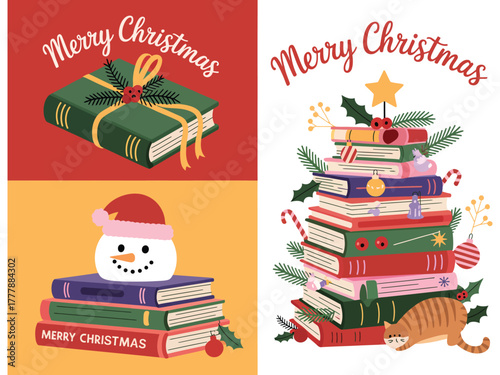 Wallpaper Mural A festive collection of books, adorned with Christmas decorations and a playful cat, creating a holiday reading theme. Torontodigital.ca