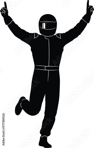 Silhouette of a celebrating race car driver with arms outstretched, race car driver, silhouette, celebration, arms outstretched, winning, victory, success, champion, sport, racing, competition, achiev