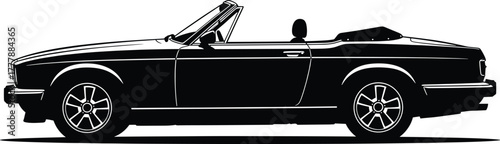 Silhouette of a classic convertible car automobile, car, convertible, automobile, classic, vintage, retro, vehicle, silhouette, black and white, transportation, roadster, open top, wheels, tires, chro