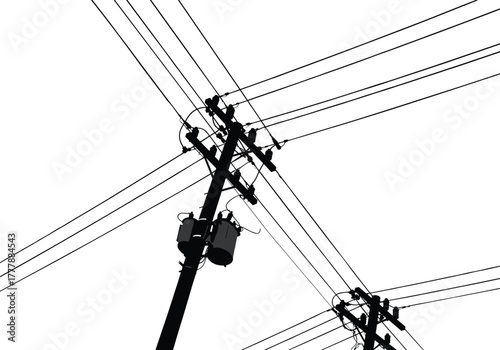 Utility pole silhouette, power lines, electricity distribution, electrical transformers, urban infrastructure, energy grid, voltage transmission, industrial network, engineering, technolog