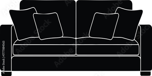 Black silhouette of a two-seater sofa with four pillows Keywords: sofa, couch, furniture, seating