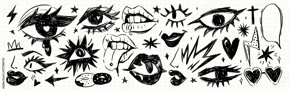 Grunge punk doodle eyes and lips set, hand drawn sketch hearts, lightning, and stars on notebook paper, rebellious black ink illustration for edgy collage and alternative design