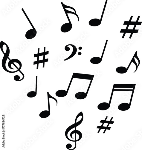 Collection of Black Music Notes and Symbols on White Background treble clef bass clef