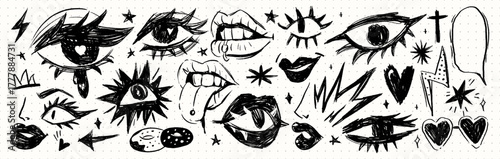 Grunge punk doodle eyes and lips set, hand drawn sketch hearts, lightning, and stars on notebook paper, rebellious black ink illustration for edgy collage and alternative design