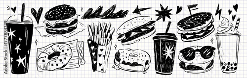 Grunge doodle sketch fast food items such as burgers, fries, soda, milkshake, and donuts. Created in rough black ink with scribble lines on notebook paper texture.