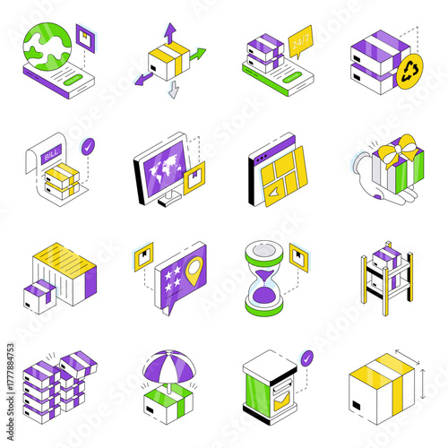 Set of Cargo and Shipment Isometric Icons