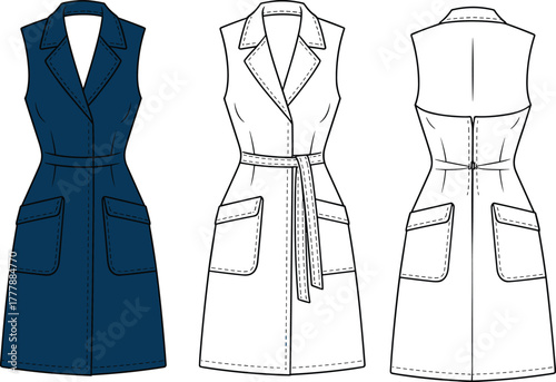 Sleeveless dress technical illustration, front and back view, fashion flat sketch, tailored collar, patch pockets, belt detail, garment design