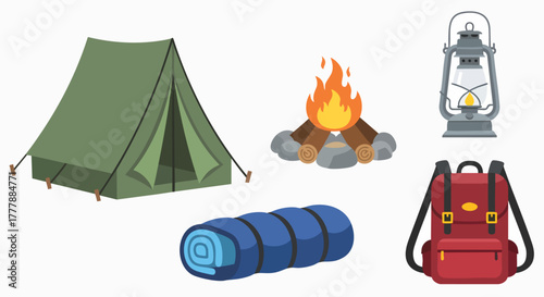 Camping essentials collection flat design vector illustration adventure outdoors travel nature isolated bonfire tent backpack sleeping bag lantern