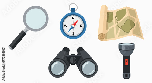 Outdoor adventure exploration travel equipment tools set magnifying glass compass map binoculars flashlight vector illustration flat design icons collection