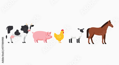 Collection of cute farm animals in a simple flat style vector illustration design cartoon animal livestock domestic farm set icons graphic